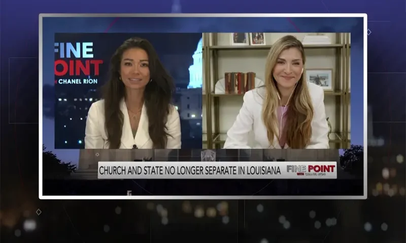 Video still from Fine Point on One America News Network showing a split screen of the host on the left side, and on the right side is the guest, Marissa Streit.