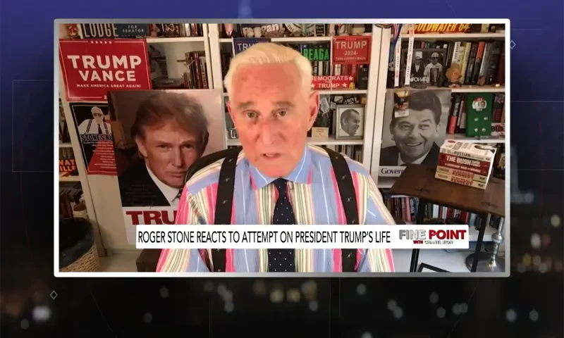 Video still from Fine Point on One America News Network during an interview with the guest, Roger Stone.
