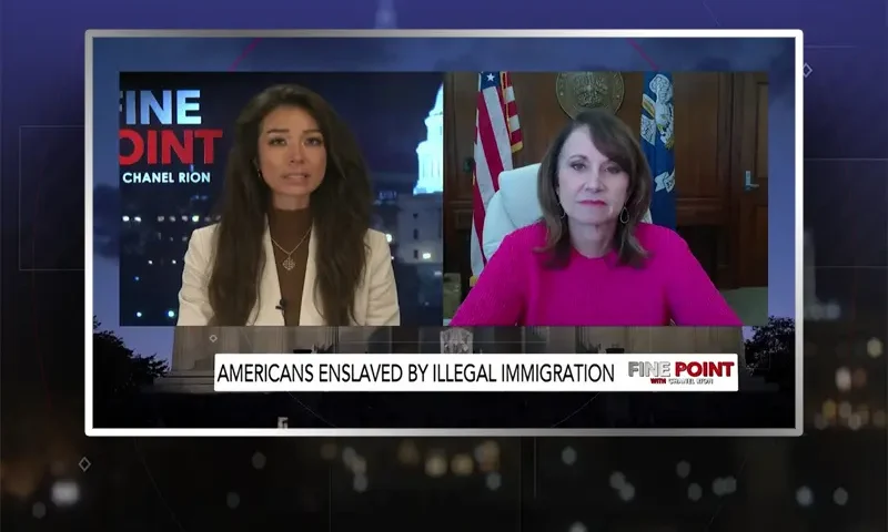 Video still from Fine Point on One America News Network showing a split screen of the host on the left side, and on the right side is the guest, Liz Murrill.