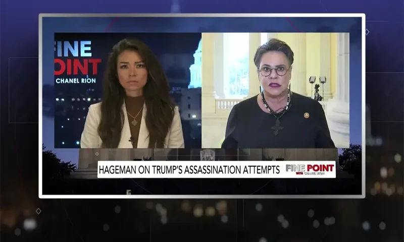Video still from Fine Point on One America News Network showing a split screen of the host on the left side, and on the right side is the guest, Harriet Hageman.