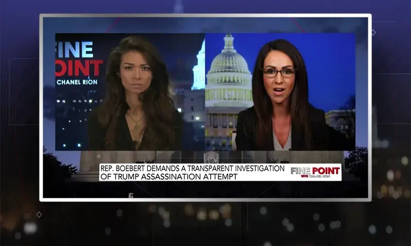 Video still from Fine Point on One America News Network showing a split screen of the host on the left side, and on the right side is the guest, Rep. Lauren Boebert.