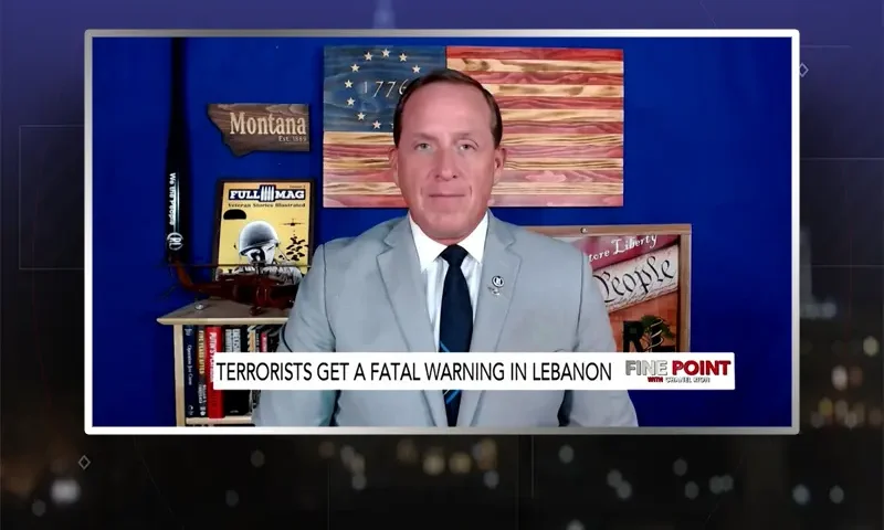 Video still from Fine Point on One America News Network showing a split screen of the host on the left side, and on the right side is the guest, Ret. Lt. Col. Darin Gaub.