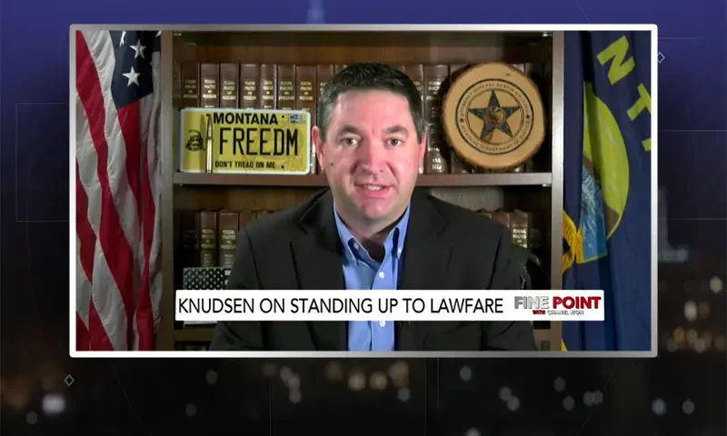 Video still from Fine Point on One America News Network during an interview with the guest, Austin Knudsen.