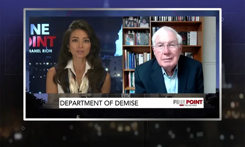 Video still from Fine Point on One America News Network showing a split screen of the host on the left side, and on the right side is the guest, Ronald Kessler.