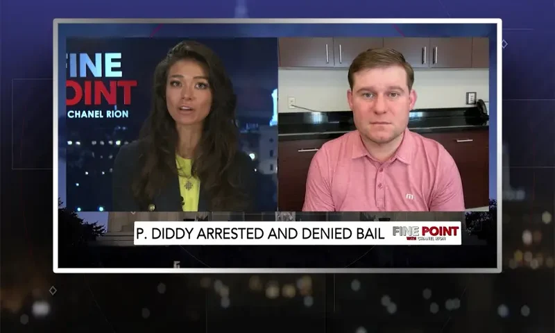 Video still from Fine Point on One America News Network showing a split screen of the host on the left side, and on the right side is the guest, Garrett Ziegler.