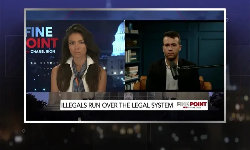 Video still from Fine Point on One America News Network showing a split screen of the host on the left side, and on the right side is the guest, Aldo Buttazzoni.