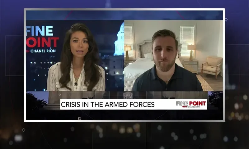 Video still from Fine Point on One America News Network showing a split screen of the host on the left side, and on the right side is the guest, Will Thibeau.