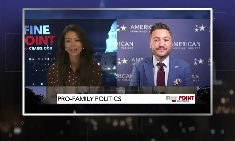 Video still from Fine Point on One America News Network showing a split screen of the host on the left side, and on the right side is the guest, Terry Shilling.