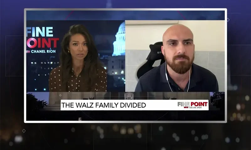 Video still from Fine Point on One America News Network showing a split screen of the host on the left side, and on the right side is the guest, Cyrus Naderpour.