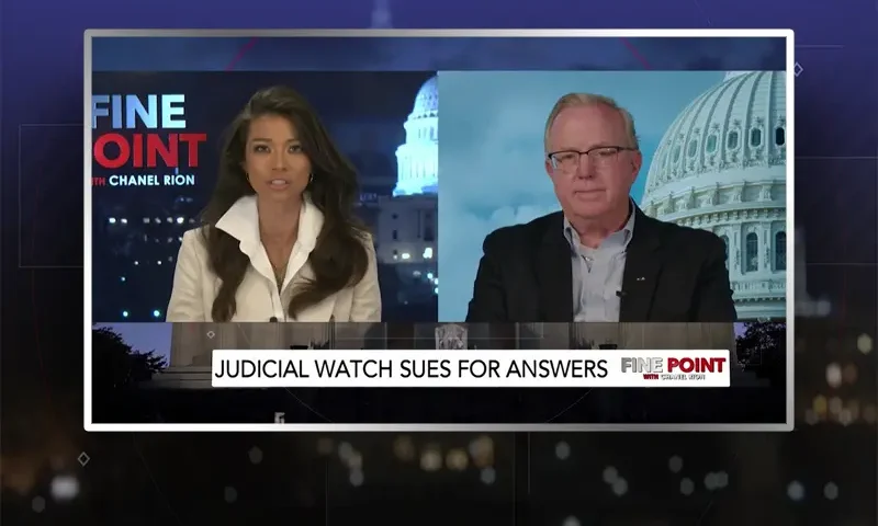 Video still from Fine Point on One America News Network showing a split screen of the host on the left side, and on the right side is the guest, Chris Farrell.