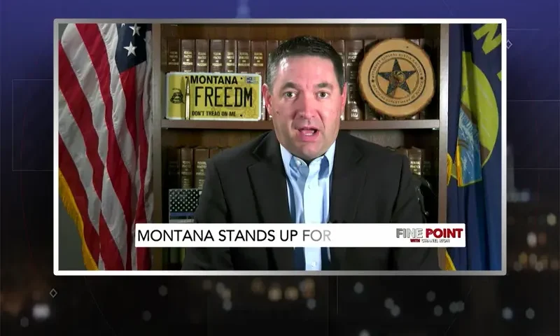 Video still from Fine Point on One America News Network during an interview with the guest, Austin Knudsen.