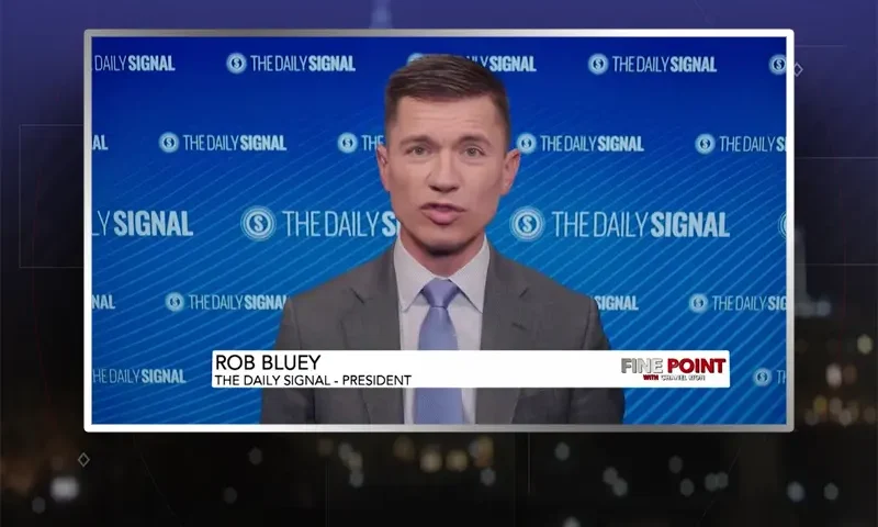 Video still from Fine Point on One America News Network during an interview with the guest, Rob Bluey.