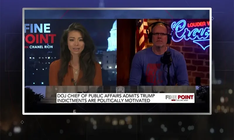 Video still from Fine Point on One America News Network showing a split screen of the host on the left side, and on the right side is the guest, Gerald Morgan Jr.