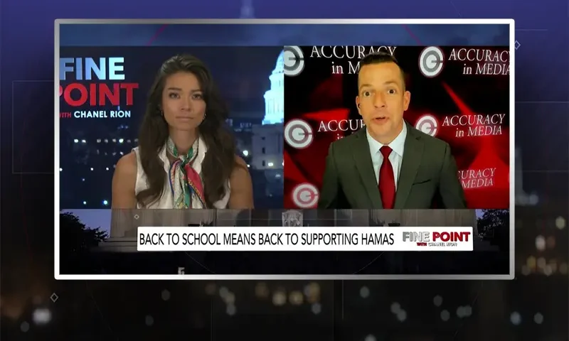 Video still from Fine Point on One America News Network showing a split screen of the host on the left side, and on the right side is the guest, Adam Guillette.