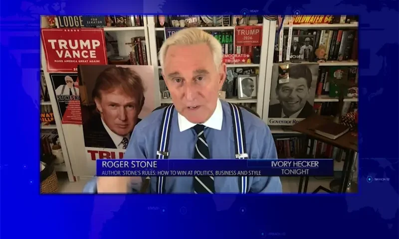 Video still from Ivory Hecker Tonight on One America News Network during an interview with the guest, Roger Stone.