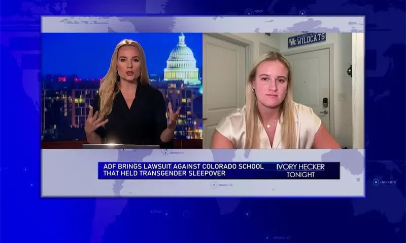 Video still from Ivory Hecker Tonight on One America News Network showing a split screen of the host on the left side, and on the right side is the guest, Kaitlynn Wheeler.