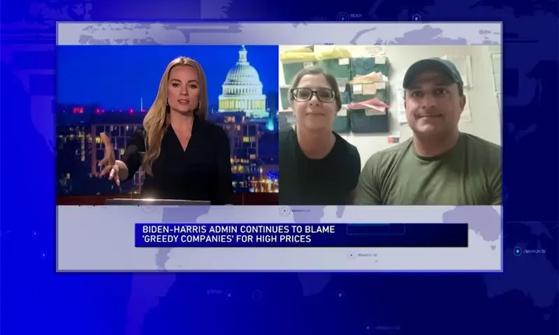 Video still from Ivory Hecker Tonight on One America News Network showing a split screen of the host on the left side, and on the right side are the guests, Anthony and Lucia Mitsios.