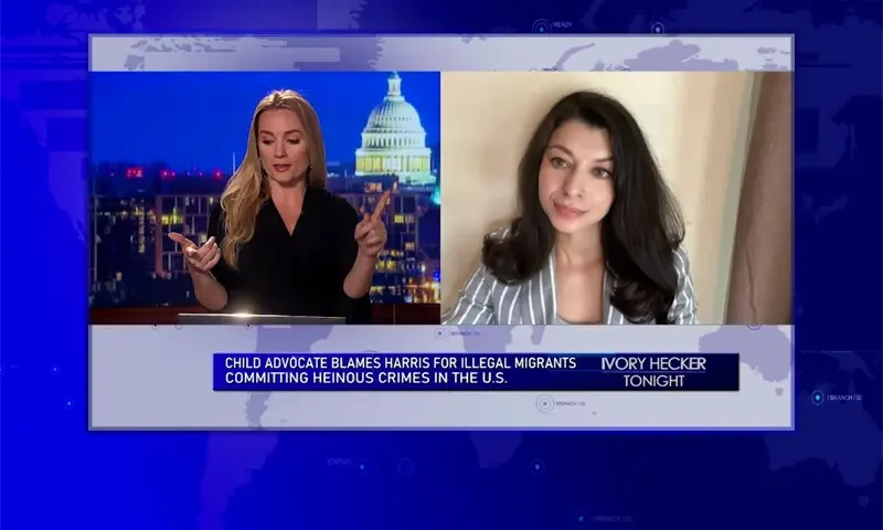 Video still from Ivory Hecker Tonight on One America News Network showing a split screen of the host on the left side, and on the right side is the guest, April Aguirre.