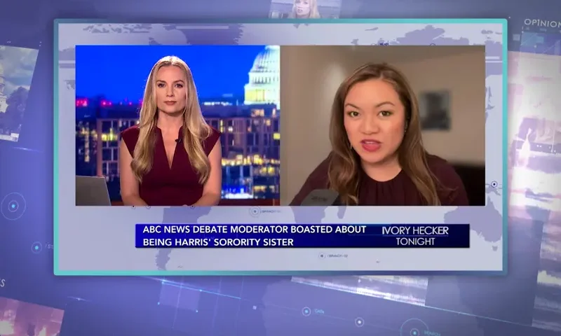Video still from Ivory Hecker Tonight on One America News Network showing a split screen of the host on the left side, and on the right side is the guest, Angie Wong.