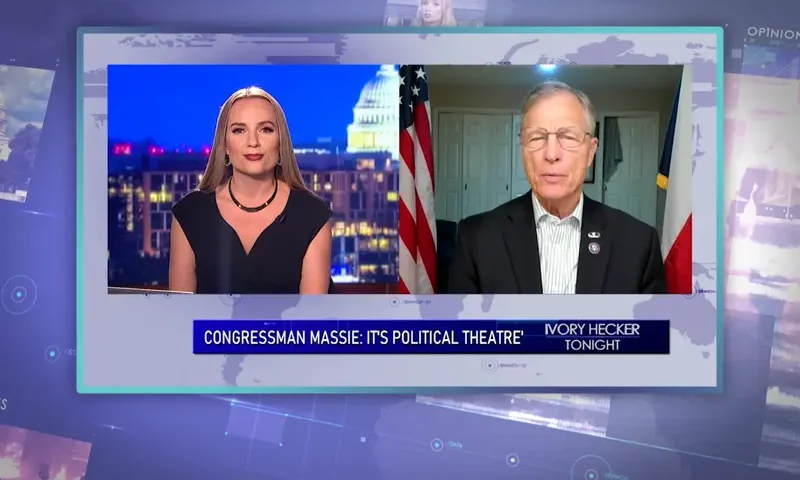 Video still from Ivory Hecker Tonight on One America News Network showing a split screen of the host on the left side, and on the right side is the guest, Brian Babin.