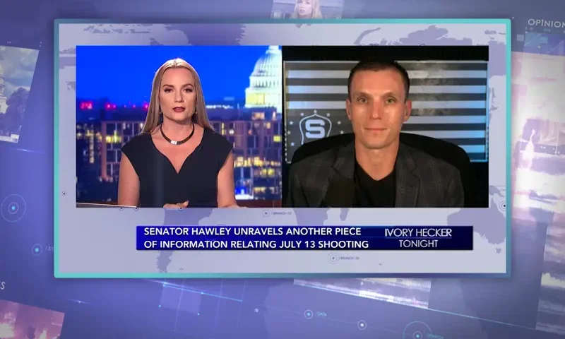 Video still from Ivory Hecker Tonight on One America News Network showing a split screen of the host on the left side, and on the right side is the guest, Stephen Friend.