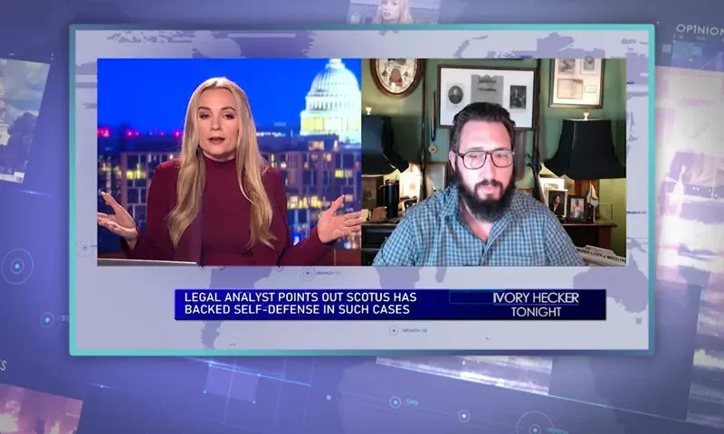 Video still from Ivory Hecker Tonight on One America News Network showing a split screen of the host on the left side, and on the right side is the guest, John H. Brian.