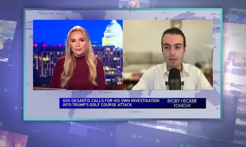 Video still from Ivory Hecker Tonight on One America News Network showing a split screen of the host on the left side, and on the right side is the guest, Paul Ingrassia.