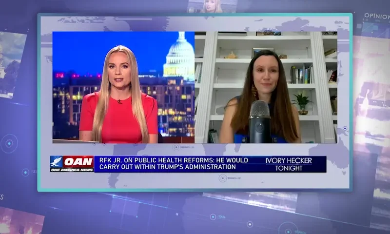 Video still from Ivory Hecker Tonight on One America News Network showing a split screen of the host on the left side, and on the right side is the guest, Melissa Schreibfeder.