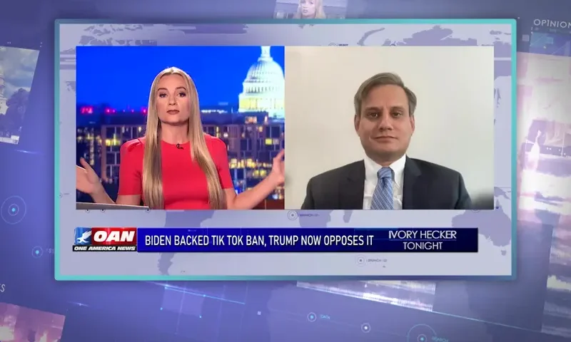 Video still from Ivory Hecker Tonight on One America News Network showing a split screen of the host on the left side, and on the right side is the guest, Jacob Huebert.