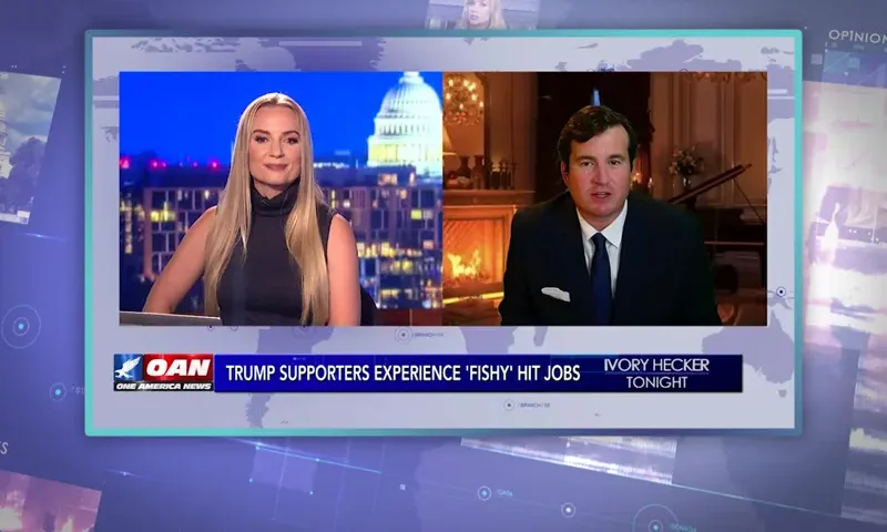 Video still from Ivory Hecker Tonight on One America News Network showing a split screen of the host on the left side, and on the right side is the guest, Alex Stein.