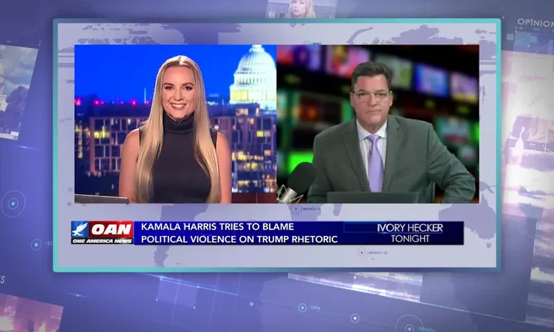 Video still from Ivory Hecker Tonight on One America News Network showing a split screen of the host on the left side, and on the right side is the guest, Steve Gruber.