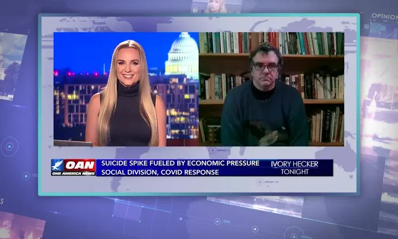 Video still from Ivory Hecker Tonight on One America News Network showing a split screen of the host on the left side, and on the right side is the guest, Derrick Jensen.