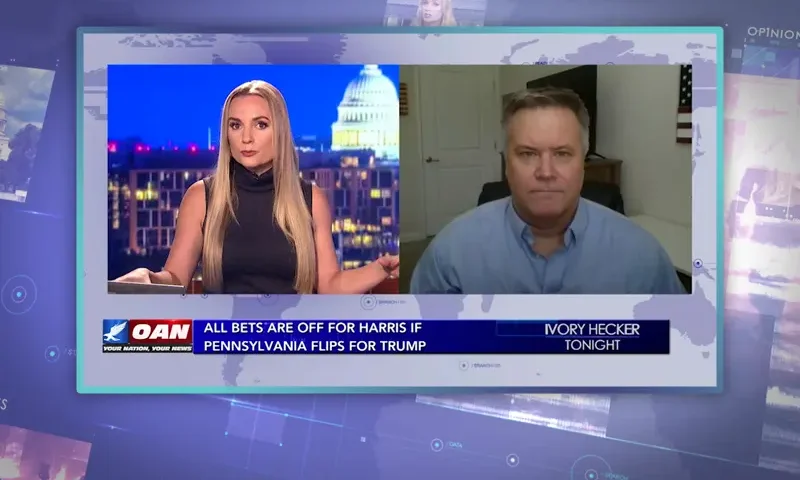 Video still from Ivory Hecker Tonight on One America News Network showing a split screen of the host on the left side, and on the right side is the guest, John Pierce.