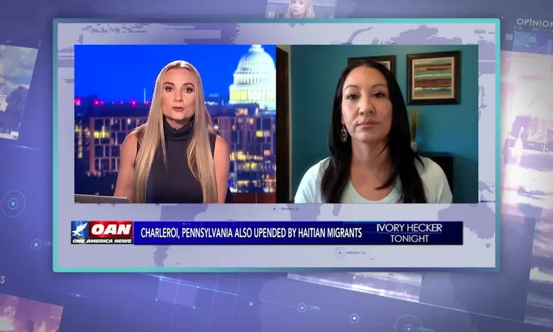 Video still from Ivory Hecker Tonight on One America News Network showing a split screen of the host on the left side, and on the right side is the guest, Elisa Martinez.
