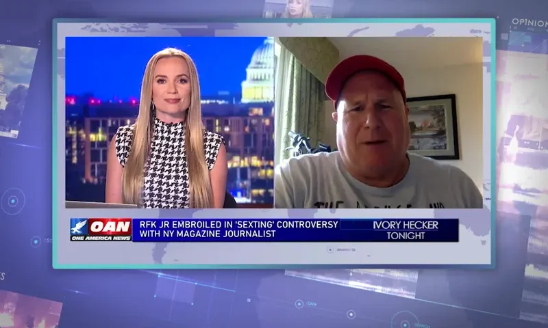 Video still from Ivory Hecker Tonight on One America News Network showing a split screen of the host on the left side, and on the right side is the guest, Mark Judge.