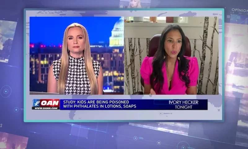 Video still from Ivory Hecker Tonight on One America News Network showing a split screen of the host on the left side, and on the right side is the guest, Vani Hari.