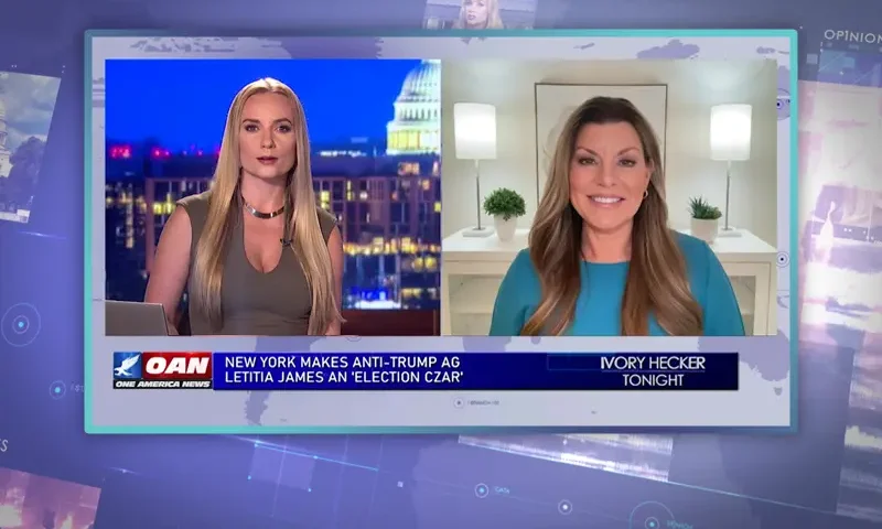 Video still from Ivory Hecker Tonight on One America News Network showing a split screen of the host on the left side, and on the right side is the guest, Liz Joy.