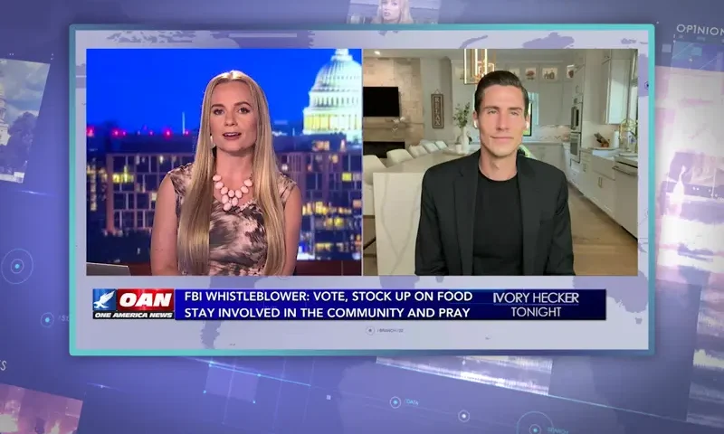 Video still from Ivory Hecker Tonight on One America News Network showing a split screen of the host on the left side, and on the right side is the guest, Austin Steinbart.