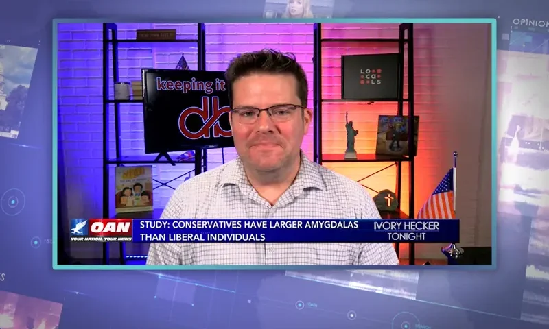 Video still from Ivory Hecker Tonight on One America News Network showing a split screen of the host on the left side, and on the right side is the guest, Dave Bondy.
