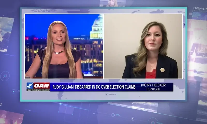 Video still from Ivory Hecker Tonight on One America News Network showing a split screen of the host on the left side, and on the right side is the guest, Rep. Caroline Harris Havila.