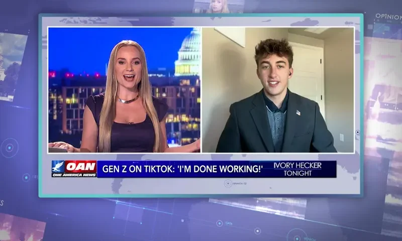 Video still from Ivory Hecker Tonight on One America News Network showing a split screen of the host on the left side, and on the right side is the guest, Carson Carpenter.