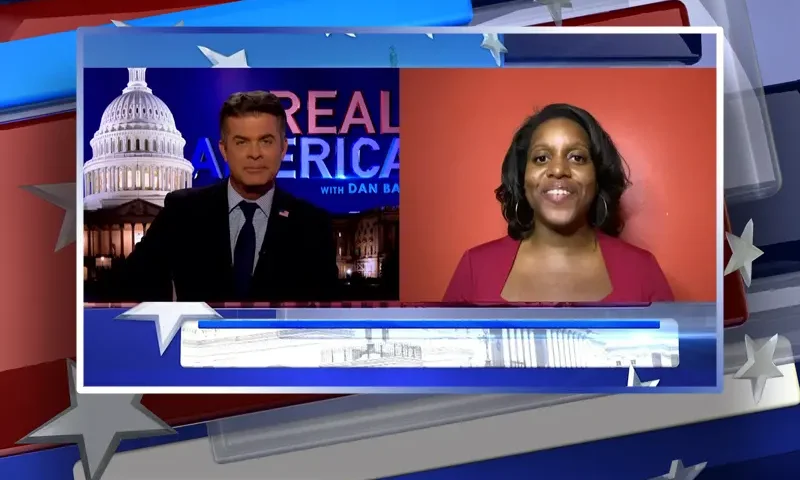 Video still from Real America on One America News Network showing a split screen of the host on the left side, and on the right side is the guest, P Rae Easley.
