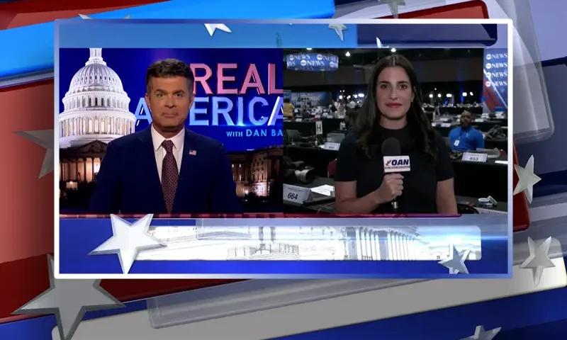 Video still from Real America on One America News Network showing a split screen of the host on the left side, and on the right side is the guest, Danielle Alvarez.