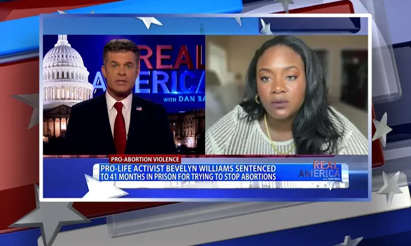 Video still from Real America on One America News Network showing a split screen of the host on the left side, and on the right side is the guest, Bev Williams.