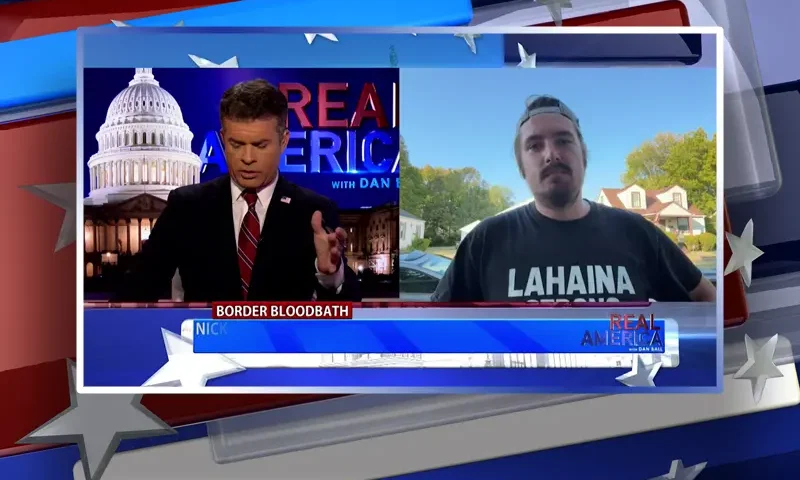 Video still from Real America on One America News Network showing a split screen of the host on the left side, and on the right side is the guest, Nick Sortor.