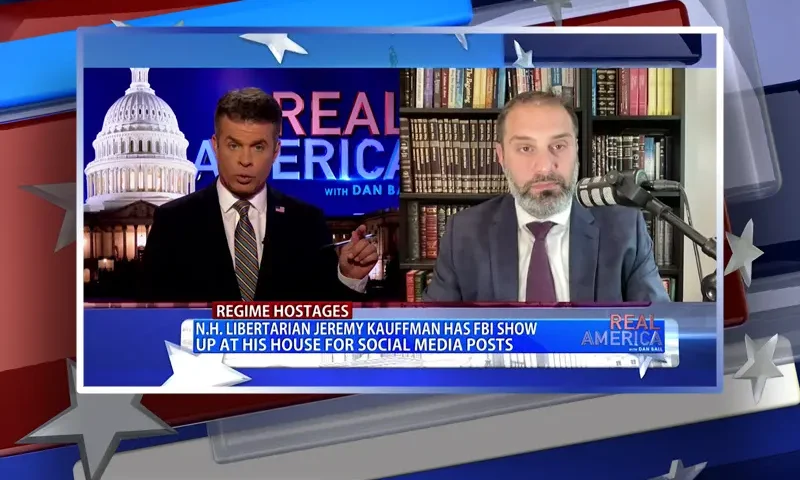 Video still from Real America on One America News Network showing a split screen of the host on the left side, and on the right side is the guest, Jonathan Gross.