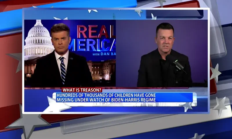 Video still from Real America on One America News Network showing a split screen of the host on the left side, and on the right side is the guest, J.J. Carrell.