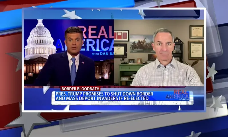 Video still from Real America on One America News Network showing a split screen of the host on the left side, and on the right side is the guest, Ken Cuccinelli.