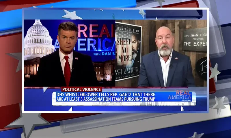 Video still from Real America on One America News Network showing a split screen of the host on the left side, and on the right side is the guest, Jonathan Gilliam.