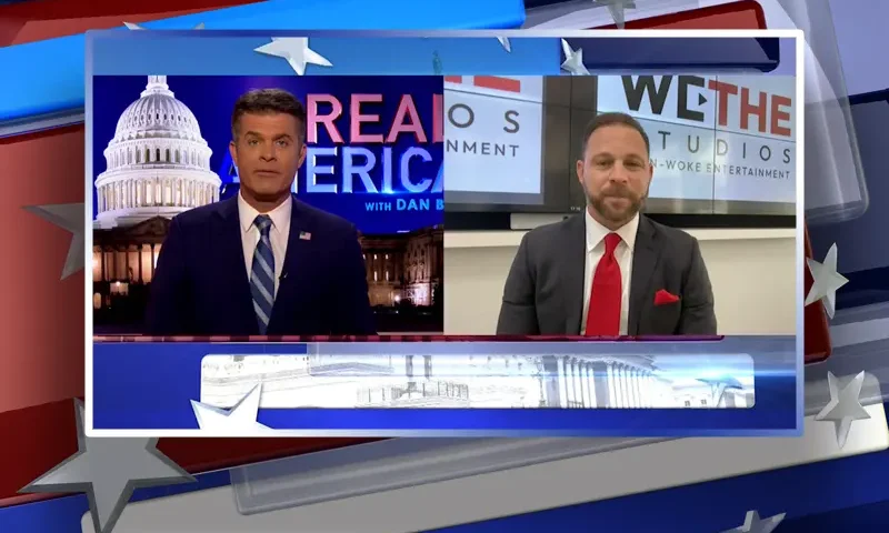 Video still from Real America on One America News Network showing a split screen of the host on the left side, and on the right side is the guest, David Pollack.